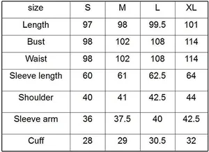 Detailed size guide table for women's double-breasted trench coat with S to XL measurements