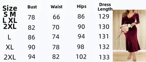 Size chart for velvet V-neck bodycon dress with bust, waist, hip, and length measurements