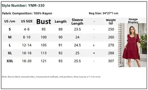 Detailed size chart for V-neck tiered mini dress with US sizing and rayon fabric info