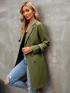 Detail of olive green trench coat showing lapel, double-breasted buttons and cuff strap