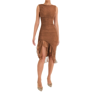 Detail view of the elegant brown mesh dress featuring ruched fabric and ruffled hem details
