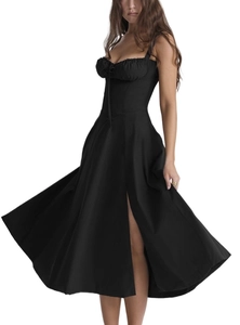 Detail of corset-style black summer dress with ruffled bust and side high slit design