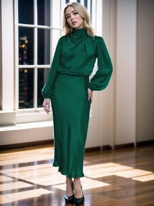 Abito Midi in Raso a Maniche Lunghe Elegante da Donna Collo Alto Manica a Lanterna Tinta Unita Festa Banchetto Abito da Sera Moda Donna
