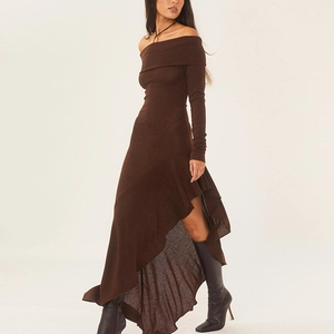 Robe Longue Sexy Épaules Dénudées Manches Longues Maxi Robe Asymétrique à Volants Bodycon Soirée Clubwear Polyester Élasthanne