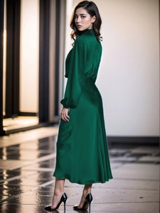 Dettaglio dell'elegante abito lungo in raso verde scuro con trama setosa e maniche a lanterna