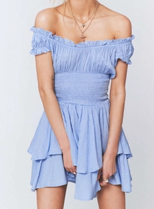 Detail of light blue off-shoulder dress with smocking waist and Swiss dot texture fabric