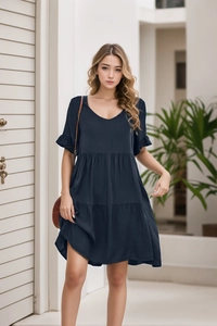 Detail of V-neckline and tiered ruffle layers on this dark blue summer casual dress