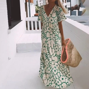 Women Summer Bohemian V Neck Short Sleeve Maxi Dress Floral Geometric Printed Tiered A-Line Beach Vacation Long Dress