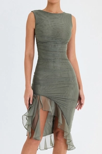 Detail of army green sleeveless mesh dress with side ruching and asymmetric ruffled hemline