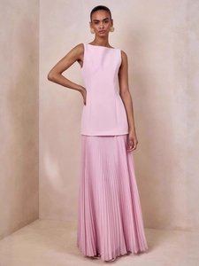 Elegantes ärmelloses rosa Maxikleid mit Faltenrock für Damen festliche Anlässe