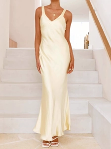 Women Sexy Satin Slip Maxi Dress Elegant V-Neck Backless Evening Party Gown Splicing Bodycon Formal Prom Long Dress