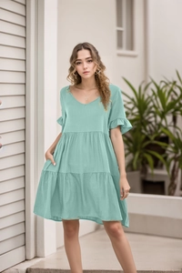 Detail of mint green tiered summer dress with V-neckline and ruffled short sleeves