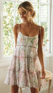 Détail d'une robe fleurie courte avec ourlet à volants et bretelles à nouer