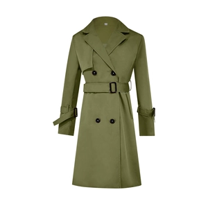 Close-up of olive green double-breasted trench coat with waist belt and buckle cuffs