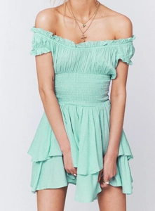 Detail of mint green Swiss dot fabric featuring elastic smocked waist and ruffled hemline