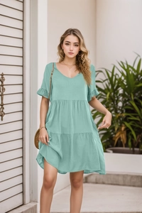 Detail of V-neck ruffled sleeves and layered mint green summer dress texture