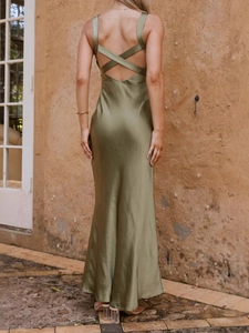 Elegant olive green satin backless slip dress with cross straps and mermaid silhouette