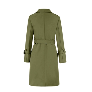Rear view of long olive green double-breasted trench coat with adjustable waist belt and cuffs