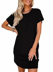 Close-up of black ribbed knit dress featuring a functional chest pocket and round neck