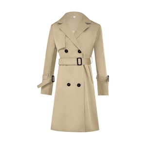 Detail view of khaki double-breasted trench coat with waist belt and lapel collar
