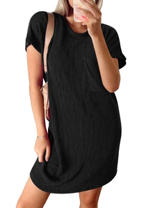 Detail view of black ribbed T-shirt dress with crew neck and front pocket feature