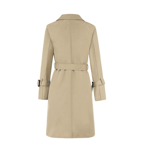 Rear view of classic khaki trench coat featuring adjustable belt and buckled sleeve straps