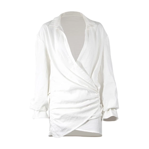 Elegant white long-sleeve mini dress with a deep V-neck and ruched wrap waist details