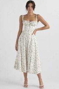 Detailed view of floral midi dress featuring bust drawstring and corset waist structure