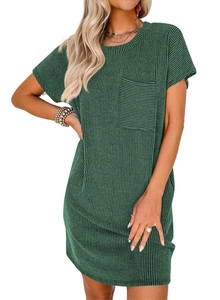 Detail view of dark green ribbed short sleeve dress featuring a functional chest pocket