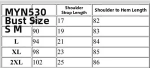 Size chart table for sleeveless floral chiffon dress with bust and length measurements