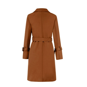 Back view of brown double-breasted trench coat with waist belt and buckle cuffs