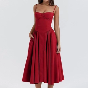Vestido de Tirantes Retro Francés Elegante para Mujer Corsé Plisado Línea A Vestido Largo Sin Mangas Vintage Vacaciones Verano