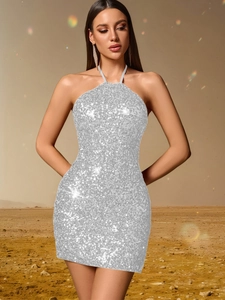 Détail de la robe moulante à paillettes argentées avec licou et fini métallique brillant