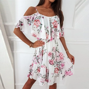 Women Sexy V Neck Cold Shoulder Chiffon Dress Floral Print Strappy Layered Ruffle Mini Dress Summer Beach Vacation Party