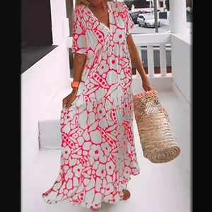 Floral print V-neck maxi dress with short sleeves and tiered skirt for summer vacation