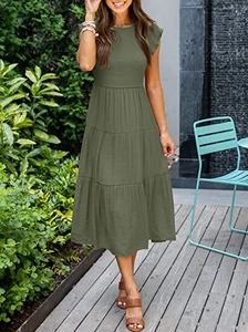 Detail of army green tiered maxi dress with ruffled sleeves and textured summer fabric