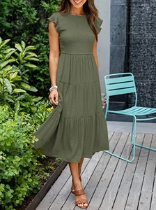 Detail of army green tiered midi dress featuring flutter sleeves and textured fabric