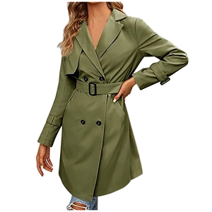 Detail of olive green double-breasted trench coat showing buttons and waist belt