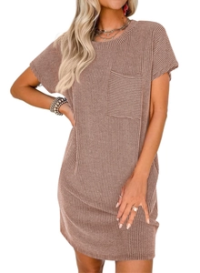 Detail showing knit texture and square pocket on dusky rose pink short sleeve dress