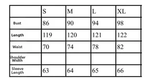 Detailed size chart for Bohemian long sleeve maxi dress including bust and waist measurements