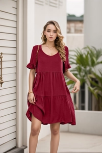 Detail of V-neckline and ruffle sleeve on burgundy layered summer babydoll dress