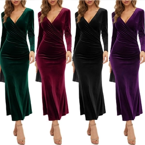 Detail view of velvet V-neck dresses in dark green, wine red, black, and purple colors