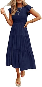 Detail of navy blue layered midi dress featuring ruffled sleeves and pleated texture fabric