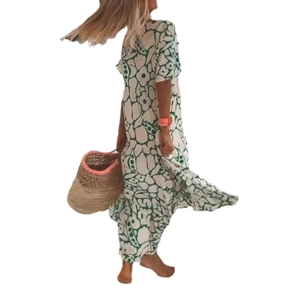 Floral short sleeve maxi dress with V-neck and green abstract print for summer style