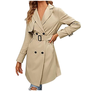 Classic double-breasted beige trench coat for women with waist belt and lapel collar