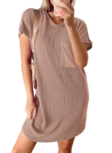 Short sleeve shift dress with vertical ribbed texture and a practical chest pocket