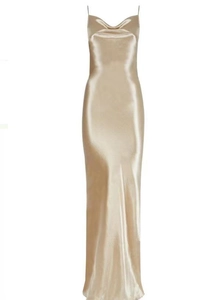 Detailed view of the champagne gold satin slip dress with elegant cowl neck design