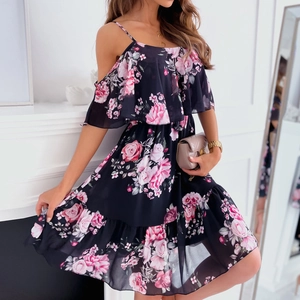 Floral chiffon cold shoulder dress with ruffle layers and pink rose pattern