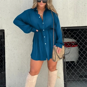 Teal long sleeve button-down shirt dress with drawstring waist and classic collar