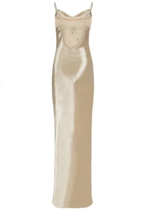Detail of champagne gold satin maxi dress featuring a cowl neck and backless lace-up design